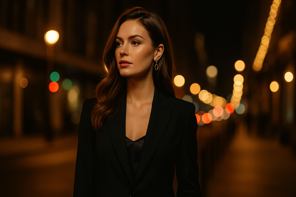 mujer elegante en una calle de ciudad iluminada de noche, representando escorts de lujo en Santiago