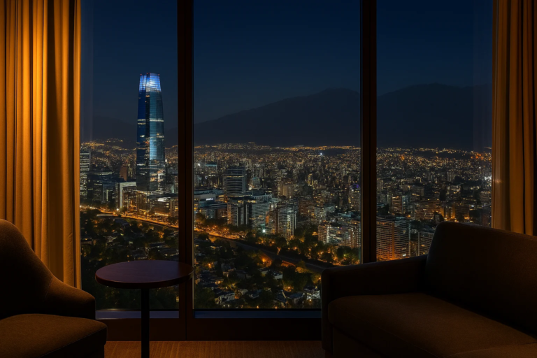 Vista nocturna de Santiago desde un hotel de lujo