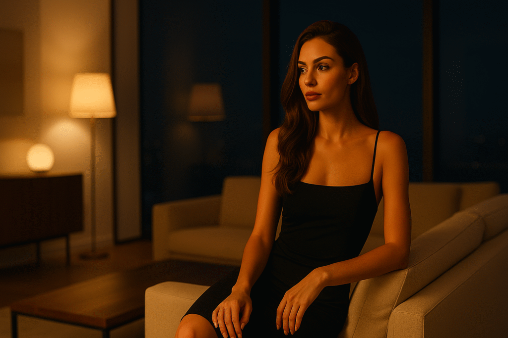 mujer elegante en penthouse moderno de noche con luz cálida y ambiente lujoso